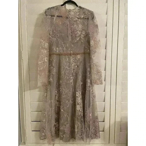 Mac Duggal Midi Dress 10 Beaded Crew Neck Illusion Long Sleeve Pink Rose $598 - Picture 13 of 16